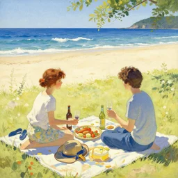 a picnic on the beach by by tsuyoshi nagano, greg rutkowski, alphonse mucha