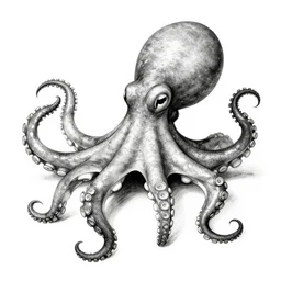 full octopus realistic picture digital, black and white drawing. 9 k quality.