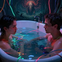 close-up of bathtub full of water, neon, they are watching, RGB, glowing wires everywhere, decay, by Edgar Maxence and Ross Tran, Zdzisław Beksiński, and Michael Whelan, distant, gustav dore, H.R. Giger, 8k, octane render