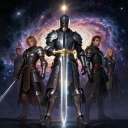 knight, great sword with ray in the middle of the galaxy, 4 k, realistic, by greg rutkowski - artstation