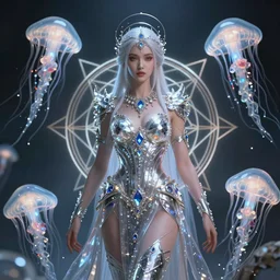 a centered render of a wild post apocalyptic goddess with wearing ornate silver and gemstones and crystal clothing surrounded by flowing liquid gallium jellyfish and sacred geometry, perfect body and face, gorgeous, cinematic, beautifully lit, by artgerm, by karol bak, by donato giancola, 3 d, trending on artstation, octane render, 8 k