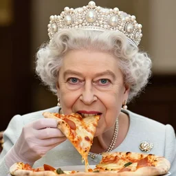 head and shoulders portrait of queen margherita of eating an entire pizza, tiara, pearl necklace, soft light, neutral background, black and white historical photo by letizia bruni, morten krogvold