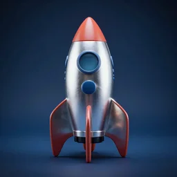 a cute space rocket made of shiny plastic and aluminium - professional photo studio - dark bleu background - vignette