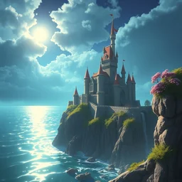 a wholesome animation key shot of a castle on a seaside cliff by studio ghibli, animation, sharp, rendered in unreal engine 5, focused, anime key art by greg rutkowski, bloom, dramatic lighting