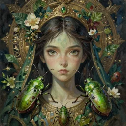 breathtaking detailed concept art painting of the goddess of green bugs, orthodox saint, with anxious, piercing eyes, ornate background, amalgamation of leaves and flowers, by Hsiao-Ron Cheng, James jean, Miho Hirano, Hayao Miyazaki, extremely moody lighting, 8K