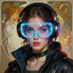 neon cyberpunk hacker with glowing geordi visor and headset headshot portrait painting by donato giancola, rhads, thomas moran, alphonse mucha, mead schaeffer fashion photography
