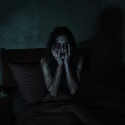 Creepy room at night, the creature is barely visible in the top right corner. Nervous anxiety overwhelming nightmare. Photorealistic