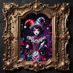 baroque bedazzled gothic royalty frames surrounding a pixelsort emo demonic horrorcore japanese beautiful jester decora doll, sharpened early computer graphics, remastered chromatic aberration
