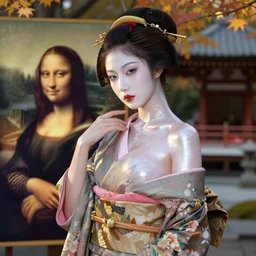 sexy glamorous young Geisha portrait, beautiful pale makeup, pearlescent skin, elegant pose, very detailed, highly detailed kimono, photorealism, sharp focus, soft diffuse autumn lights, some sunlight ray, zen temple background, painted by Leonardo da vinci and moebius and Boucher