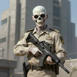 pale zombie officer single in beige uniform with background burtalist concrete building by greg rutkowski trending on artstation digital painting highly detailed 4 k 8 k hd holding bullpup