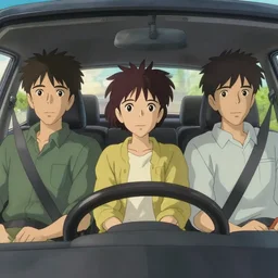 a film still a three guys in a car facing the camera, camera pov very from the steering wheel, full body mid shot, detailed smooth face, perfect art,, trending on pixiv fanbox, painted by gaston bussiere, makoto shinkai, akihiko yoshida, gaston bussiere, craig mullins, studio ghibli