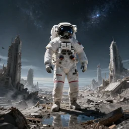 photograph of an astronaut an abandoned fallen planet, fallen kingdom city ruins, science fiction space suit, cinematic, hypermaximalist, detailed, 4k, breathtaking stars, surrealism, distant, concept art, digital art, sharp focus, reflections, RTX, octane render, acid pixie, Trending on DeviantArt