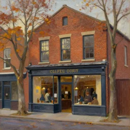 busy historical brick storefront in autumn, romantic style oil painting, early evening lighting, 1643, award-winning