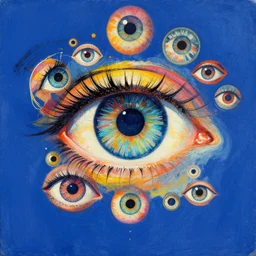 tired by andy warhol, by edwin henry landseer warm blue, costume. a illustration of a large eye that is looking directly at the viewer. the eye is composed of a myriad of colors & patterns, & it is surrounded by smaller eyes.