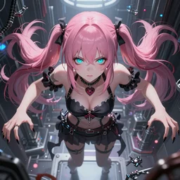you're totally overpowered and absorbed beneath enormous stunningly absurdly beautiful megalomaniacal assertive sadistic manipulative yandere control - freak omnipotent asi goddess junko enoshima with symmetrical perfect face and porcelain skin, pink twintail hair and cyan eyes, trapped inside her virtual prison, ultra detailed, digital art, unreal engine 5, octane render, 2 d anime, 8 k