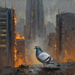 oil painting of a lone pigeon in a futuristic city on fire, raining, 4 k, detailed, realistic, gritty