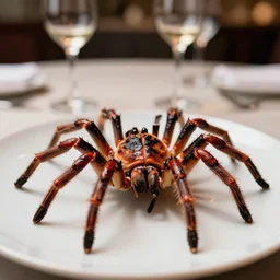 8 5 mm food photography of a grilled spider at a restaurant with dof and bokeh and wine glasses out of focus in the background. highly detailed 8 k. intricate. lifelike. soft diffused light. nikon d 8 5 0.