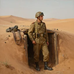 beautiful painting of a soldier in a trench waiting for the war to end, in the sahara desert. cinematic lighting by greg rutkowski,