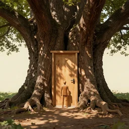 a wooden man guarding a door in a huge tree, digital concept art, dappled light, filtered light, warm tones, centred composition, symmetrical composition, centred, symmetrical, beautiful concept art, elegant concept art