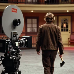 close up cinematography of jack torrence walking away from the camera with an axe from stanley kubrick's 1 9 8 0 film the shining, inside the soundstage set for the overlook hotel interior shot on 3 5 mm eastman 5 2 4 7 film by the shining cinematographer john alcott shot on a 9. 8 mm kinoptik tegea lens with golden ratio composition
