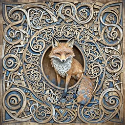 front view of a swirling celtic wall and a fox made in wood, art by James Jean and Wayne Barlowe, high detail, cinematic, cgsociety 8k