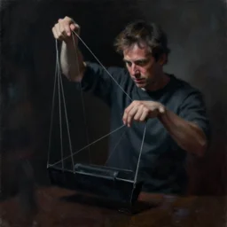 dark painting by jon hale of nathan fielder holding puppet strings, ominous, shadowy, masterminding, paint streaks, action lines!!!, visible texture, blurry, blurred
