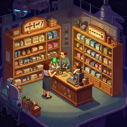 a general store onboard a spaceship, from a lucasarts point and click 2 d graphic adventure game, art inspired by thomas kinkade