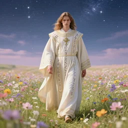 ( hyperrealistic portrait of a war cleric in robes full of runes walks through the flower meadow, the flower meadow is decorated with a starry sky ) by noah bradley, photorealistic, dynamic lighting, beautiful, trending on artstation, wallpaper, dream, 4 k, award winning, lovely pastel colors, ethereal, elegant