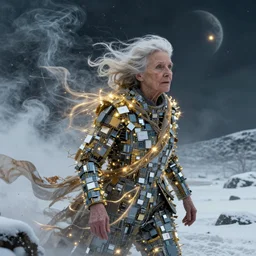 streams of smoke and snow swirl around an elderly woman wearing clothes made of computer chips, swirling flashes of gold and silver light, wind - blown sheets, cinematic lighting, fantasy painting, distant planet