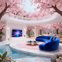 luxury pink lush singaporean garden with sakura flowers inside white japanese themed living room with multiversal tv and royal blue high tech couch, by james jean and peter mohrbacher and ruan jia, set in travertine terraces waters, elegant, majestic, mystical, high - end