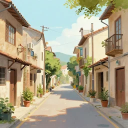 a street of a small town. hatching art style.
