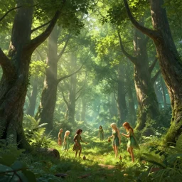 beautiful digital fantasy illustration of the trees of a green woodlands glistens as the morning sun touches its leaves with her gentle rays. dryads of various ages walk through the forest, collecting to make into potions by alena aenami and arthur adams, octane render, detail texture, unreal engine, 8 k
