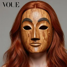 fashion vogue photography woman with wooden mask, long red hair highly detailed, 8 k, hdr, smooth, sharp focus, high resolution, award - winning photo