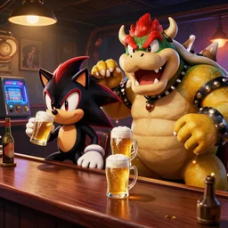 an ultra detailed illustration of shadow the hedgehog and bowser sitting in a bar drinking beer, dive bar with a karaoke machine, volumetric lighting, 4 k, octane render, art by greg rutkowski and alphonse mucha and andreas rocha and albert bierstadt