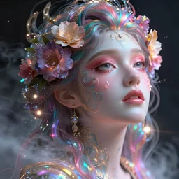 lee pace, a colorful and vibrant majestic, open wide eyes drops a tear with flowers on her hair, glowing light orbs, intricate concept art, elegant, digital painting, smooth, sharp focus, ethereal opalescent mist, outrun, vaporware, cyberpunk darksynth, ethereal, ominous, misty, 8 k, by ruan jia and miho hirano, 8 k, rendered in octane