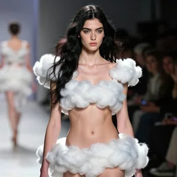 natasha wearing an outfit made from clouds, at new york fashion week, lush black hair, average physique, freckled pale skin, kodak photo by steve mccurry and greg rutkowski, stage lighting, female beauty, intricate detail, risque fashion, elegance, 3 5 mm, depth of field, masterpiece