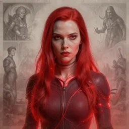 Portrait Masterpiece, Wanda Maximoff, faded, red, glowing, wires everywhere, by Edgar Maxence and Ross Tran, Zdzisław Beksiński, and Michael Whelan, distant, gustav dore, H.R. Giger, 8k, octane render
