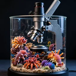 deep sea marine creatures in vivid colours as seen through a scanning electron microscope on a dark backgound by leopold blaschka and rudolf blaschka