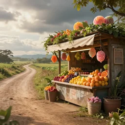 majestic ( pop rock candy ), a fruit stand on the side of a serene country dirt road, the road is dusty and there is a breeze. epic fantasy, dramatic lighting, cinematic, extremely high detail, photorealistic, cinematic lighting, trending on artstation cgsociety rendered in unreal engine, 4 k, hq,