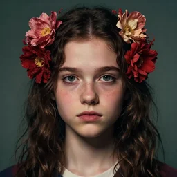 beautiful!! portrait of Eleven from the stranger things by (((Marco Mazzoni ))) marco mazzoni ,dark ,detailed!! ,(((flowers on hair))) ,portrait,