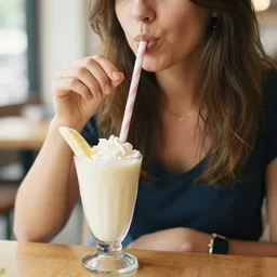 woman drinking banana smoothie for lunch. sitting at table.