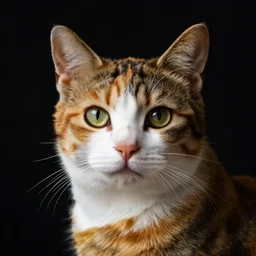 close up portrait of one calico cat by vermeer. black background, three - point lighting, enchanting, realistic features, realistic proportions.