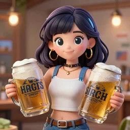 detailed ultra - realistic graphic novel illustration agents smersh, cute and attractive pretty girl holds two cask of beer, colorful