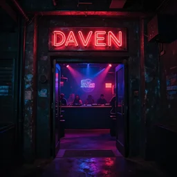 entrance to underground rave club, secret, cyberpunk dance music, lights, ambiance