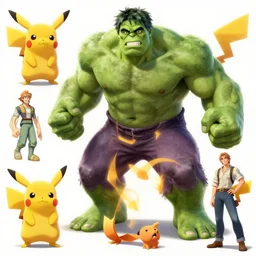 dynamic asthetic! concept art of hulked pikachu by cory walker and ryan ottley and jack kirby and barry windsor - smith, cncept art, model sheet, photo real