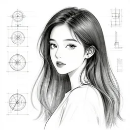 beauty aisan girl, illustration, by christophe young, blueprint, drawing