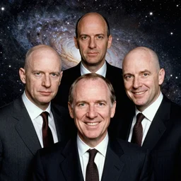 three bald centered british heads in suits and a fourth centered british head with hair in suits smiling at the camera with a galaxy backdrop, kubrick stare, album art, photograph