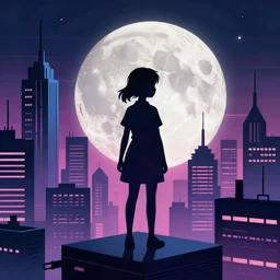 an immaculate isometric cinematic keyframe matte painting of the silhouette of a young japanese girl standing in a sleek 1 9 7 0 s vaporwave rust belt city at dusk with an oversized moon. by eric lafforgue, glennray tutor and edward hopper, greg rutkowski. trending on artstation.