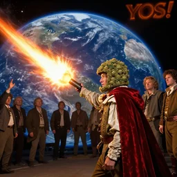 Medium shot of a typical character in the style of YES! Roundabout starts playing as a blazing hot comet hits earth, Realistic, HDR, HDD, Real Event, Caught by James Webb Telescope 420 High Times Magazine King Tommy Chong wears a doublet whilst wearing a red velvet cape and OG Kush Indica cannabis helmet alexandre benois edward julius detmold jehan choo jeff simpson raphael lacoste guillem h. pongiluppi grisaille