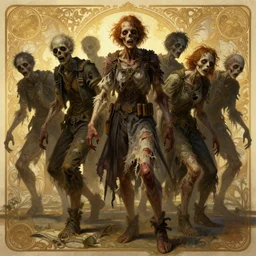 clear portrait of an army of anorexic zombies, hideous appearance, ripped clothing, golden hour, malnourished, cottagecore!!, background hyper detailed, character concept, full body, dynamic pose, intricate, elegant, highly detailed, digital painting, artstation, concept art, smooth, sharp focus, illustration, art by artgerm and greg rutkowski and alphonse mucha
